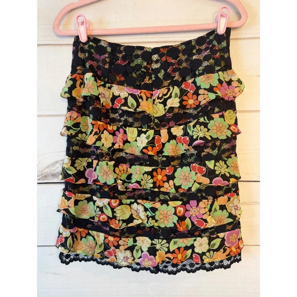 Muse Floral Ruffle Mini Skirt Black Lace Tiered Colorful Retro Boho Women Size 6